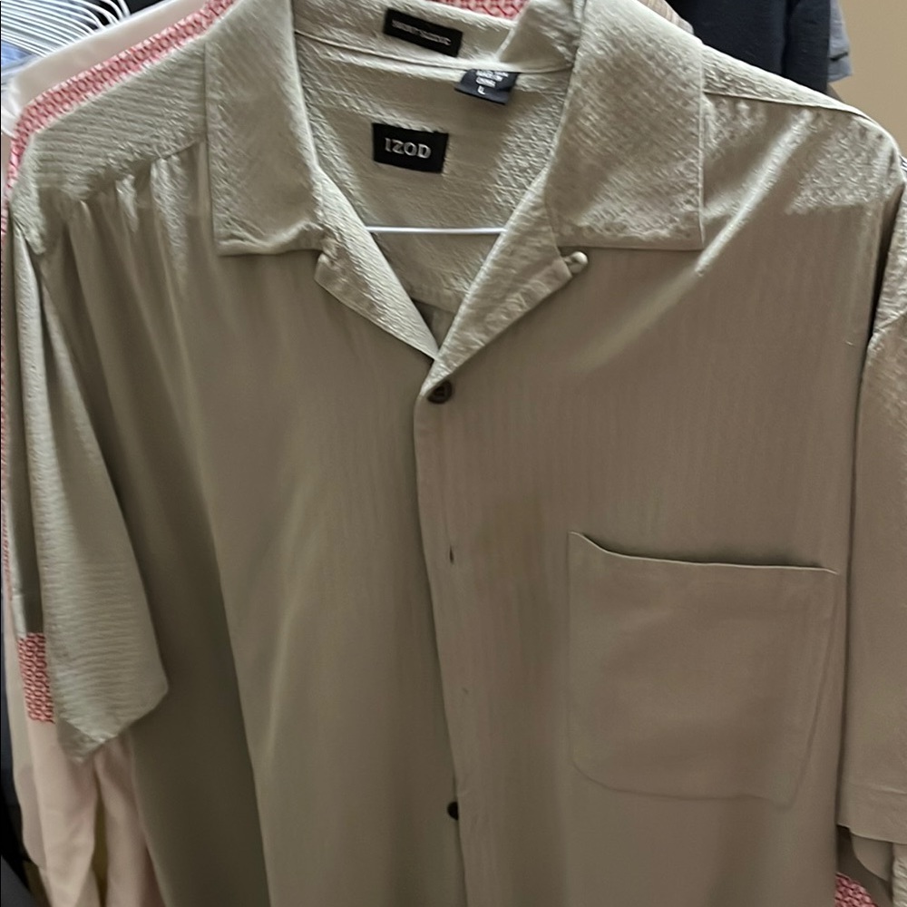 Izod Olive Silk Casual Button Down Shirt Light